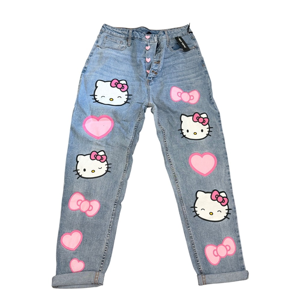 New Hot Topic Hello Kitty Hearts Button Fly Mom Jeans Juniors Size 11 NWT